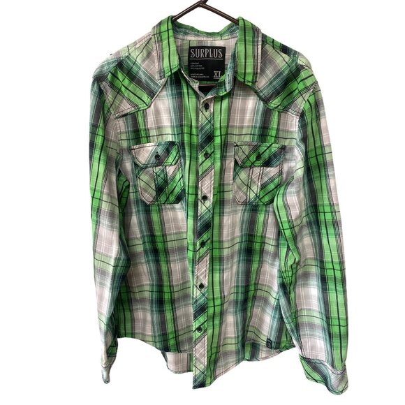 Green & Gray Plaid Button-Up Shirt Surplus XL Casual Long Sleeve Cotton Blend - Picture 1 of 6